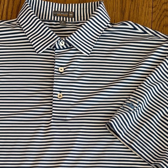 XL Peter Millar Navy and White Striped with Crown Logo on sleeve - Picture 2 of 2